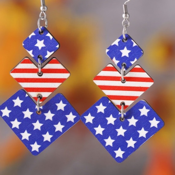 Patriotic Dark Blue Geometric Wooden Stars and Stripes Earrings OS - Picture 2 of 2